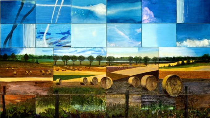 Fractured landscape, 2012, olie p&aring; l&aelig;rred, 220 x 420 cm. Pressefoto.