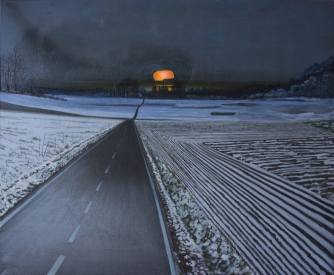 Landskab med orange kranie, 2012, olie p&aring; l&aelig;rred, 95 x 115 cm. Pressefoto.