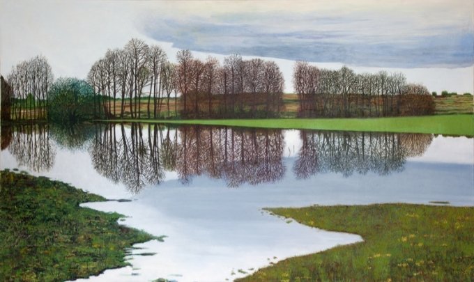 Mirror Landscape, 2011, olie p&aring; l&aelig;rred, 210 x 125 cm. Pressefoto.