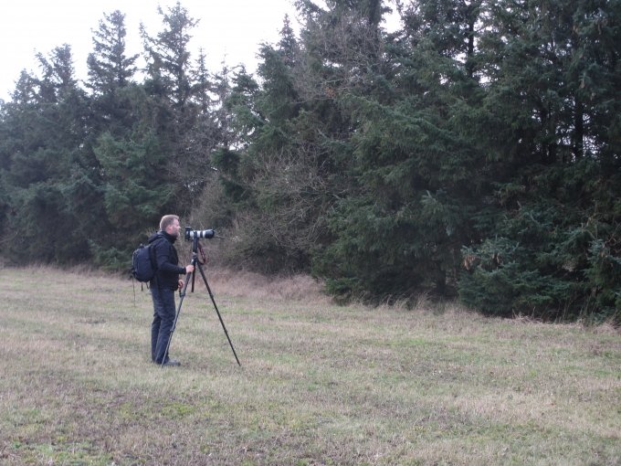 Morten Barker leder efter motiver i et l&aelig;hegn, som d&aelig;kker for en stilling med soldater og pjecer - solddaterslang for kanoner. Foto: Kirstine Bruun