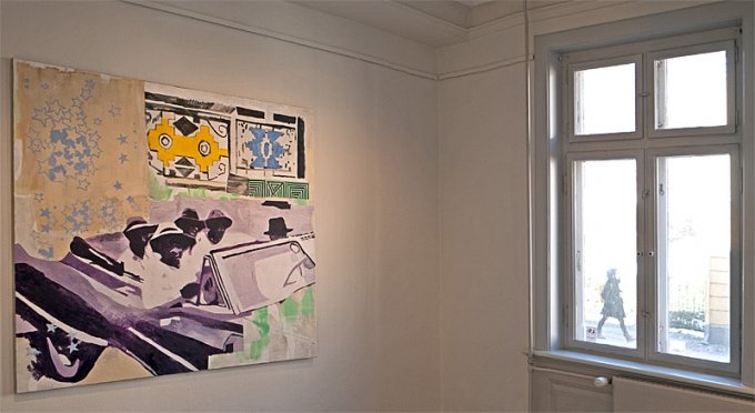 Linda Bjørnskov: <i>Driving in Sophiatown/1950</i>, olie på lærred, 150x160. Foto: Jerry Jakobsfeld