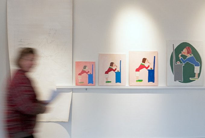 Simon Grimm: <i>CityLight</i>, maleri-installation, acryl, alkyd, olie og tegning på lærred og bemalet lægte (udsnit). Foto: Jerry Jakobsfeld