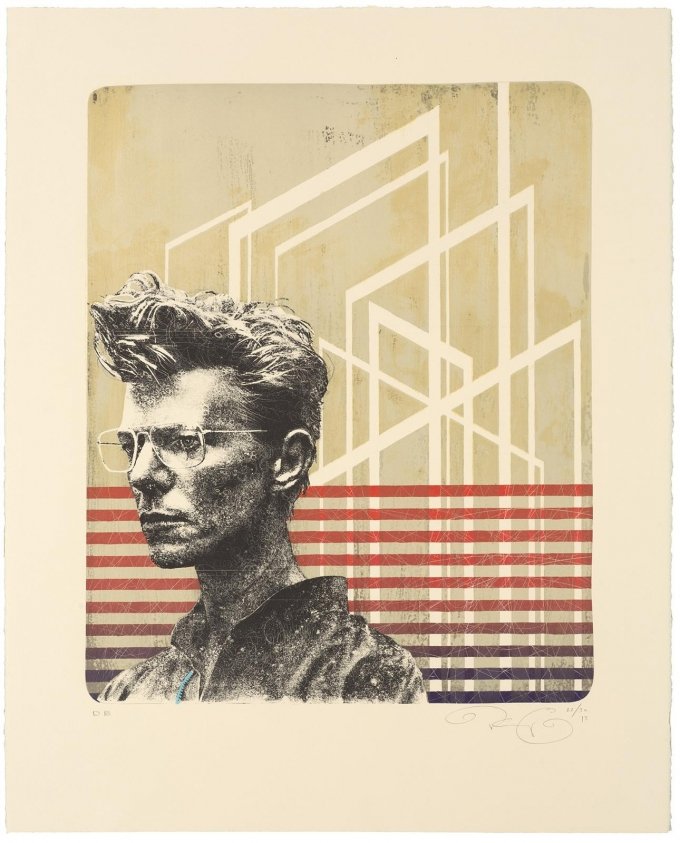 Kasper Eistrup: <i>DB</i>, 2013. Litografi, 76 x 54 cm. På <i>Mostly Black and White</i>, Kunstpakhuset 2014. Pressefoto: HPJ