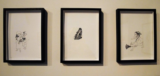 Catrine Raben Davidsen: 3 litografier fra serien <i>Trixster</i>, 2013. 29,7 x 21 cm. På <i>Mostly Black and White</i>, Kunstpakhuset 2014. Foto: Bente Jensen