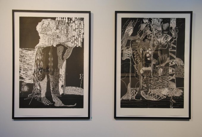 Peter Linde Busk: To litografier: <i>In Exiles return</i> og <i>In Abyssinia</i>, træsnit, 112 x 76 cm, 2011. På <i>Mostly Black and White</i>, Kunstpakhuset 2014. Foto: Bente Jensen