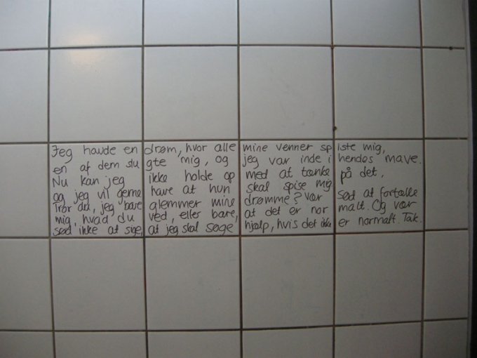 Kirstine Autzen: DET ER NORMALT, Installation på Sønderbrogade samt tekst på offentlige toiletter.