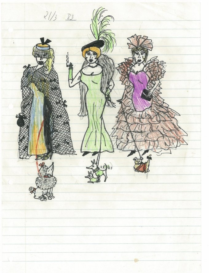 Julie Nord 81970) tegnede i sin fritid monstre og fine damer - her en tegning fra 1983 (13 år). Foto: Trapholt