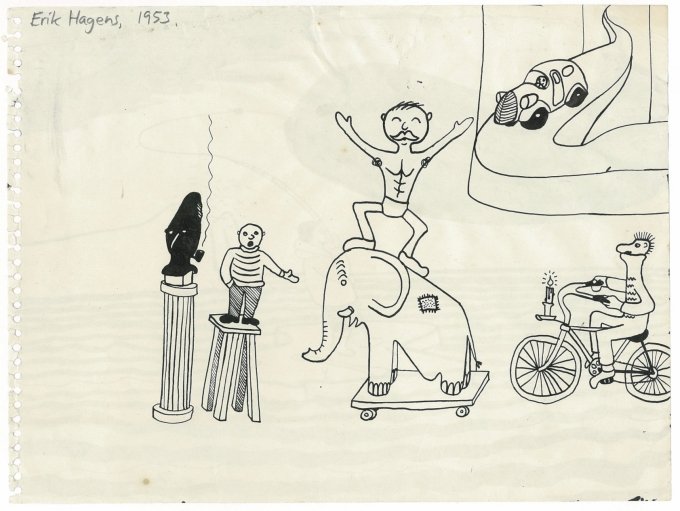 det er blandt andet inspirationen fra Storm P. ́s gakkede univers, der ligger til grund for Erik Hagens kunstneriske løbebane. Børnetegning af Erik Hagens. Foto: Trapholt