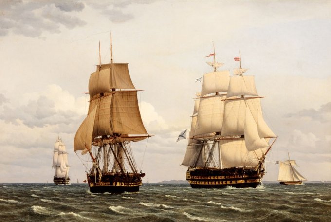 C.W. Eckersberg: <i>To russiske linieskibe og en fregat lægger bi</i>. Foto: Brandts