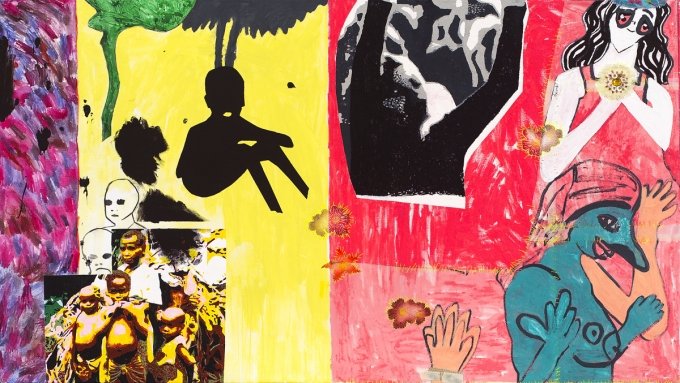 Linda Bjørnskov, <i>Nothing but air</i>, 2009, akryl, olie, oliekridt, kalkerpapir, stof, perler, tråd på lærred. Foto: Ralf Søndergaard