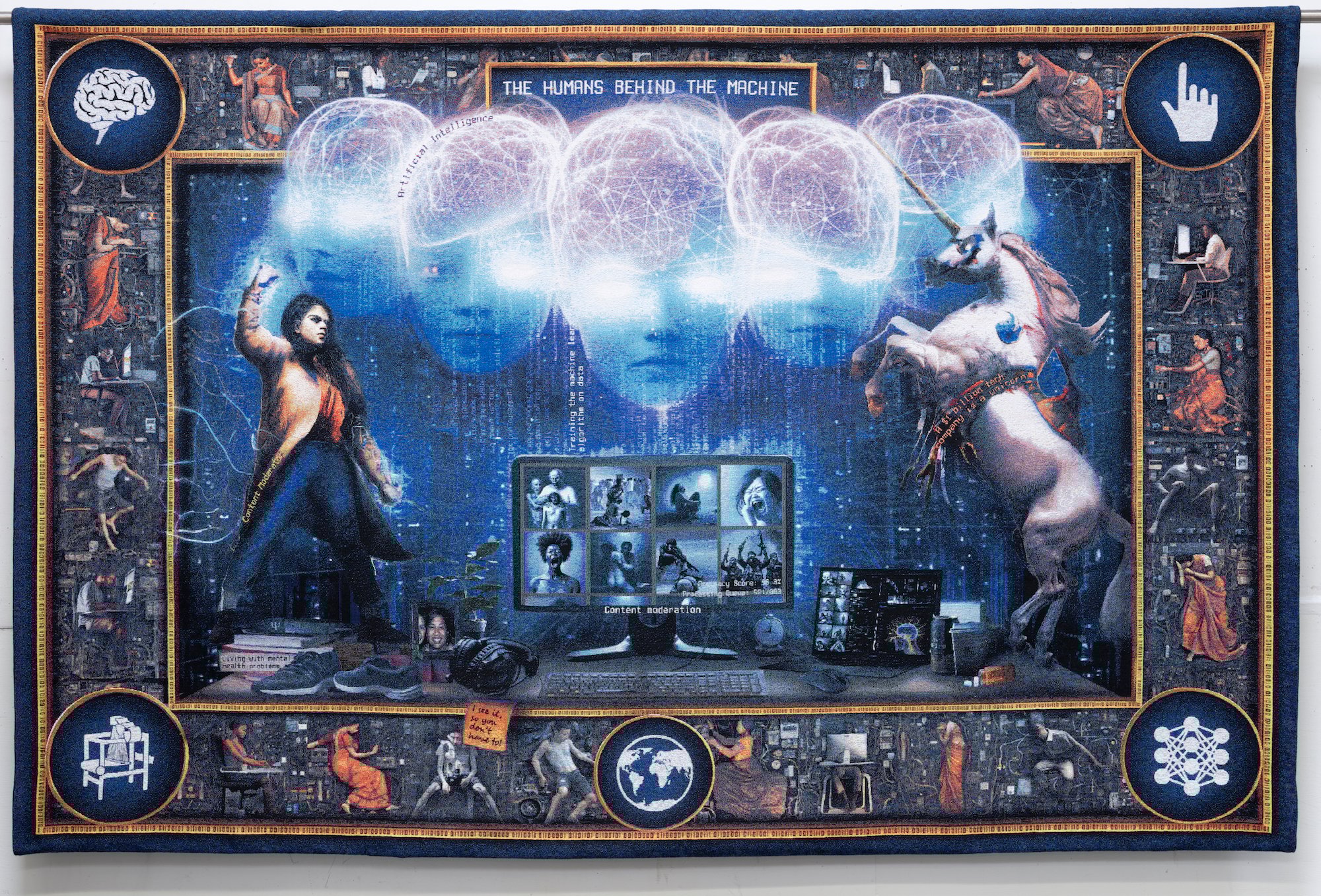Cecilie Waagner Falkenstrøm:<em> I see it, so you don't have to,</em> 2023. Motivet på den 2x3 meter store Jacquard-vævede gobelin er skabt med generativ A.I. og tematiserer de arbejdere (ofte i tredjeverdenslande), som muliggør A.I-teknologierne. © Cecilie Waagner Falkenstrøm.