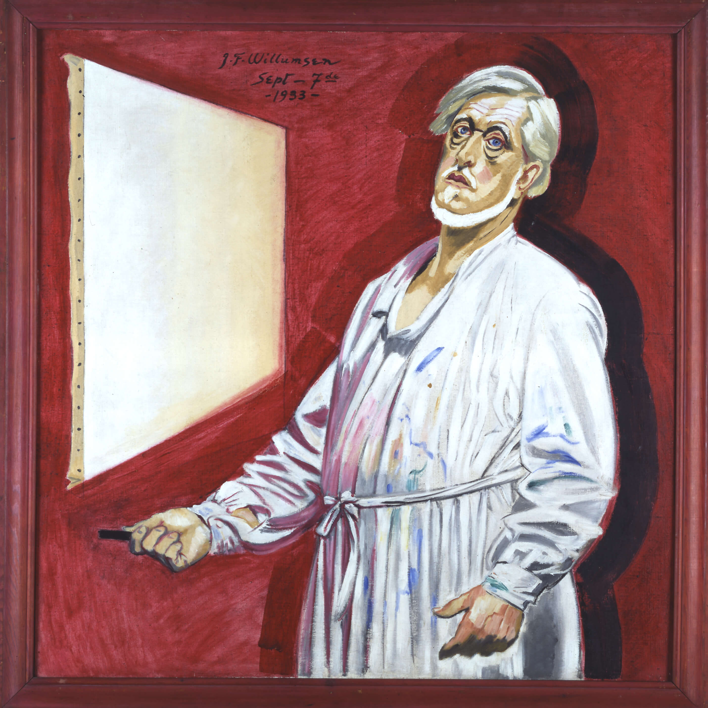 J.F. Willumsen, <i>Selvportræt i malerbluse</i>, 1933, olie på lærred, 119 x 117 cm. Foto: VISDA, Copenhagen 2024, www.visda.dk/ Willumsens Museum, Frederikssund.