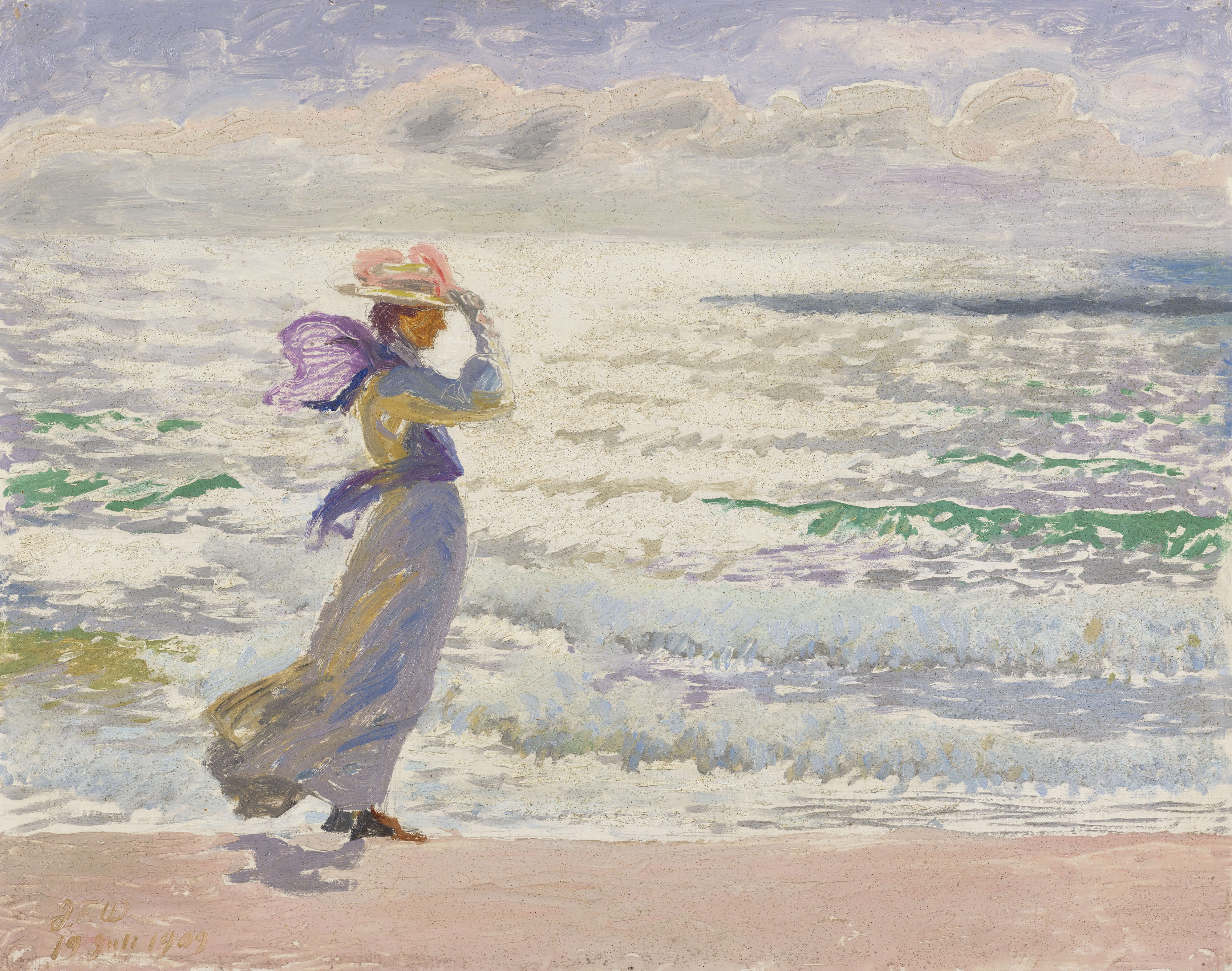 J.F. Willumsen, <i>Edith på stranden. Forarbejde til Badende børn</i>, 1909, olie på
lærred, 68,5 x 81 cm. Foto: VISDA, Copenhagen 2024, www.visda.dk/ Willumsens Museum, Frederikssund.