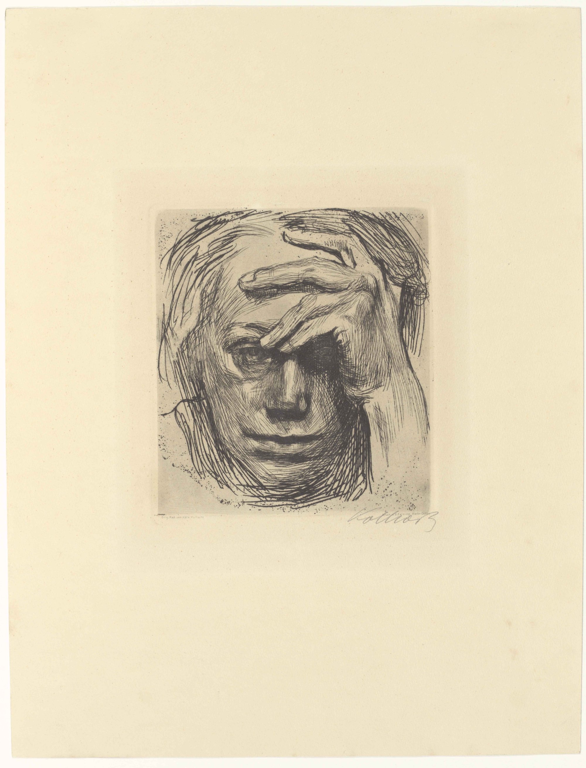 Käthe Kollwitz (1867–1945), Selvportræt med hånd mod panden, 1910. Radering, vernis mou, 36,3 x 27,8 cm (blad). Kunstfond Dr. Hans-Joachim og Elisabeth Bönsch