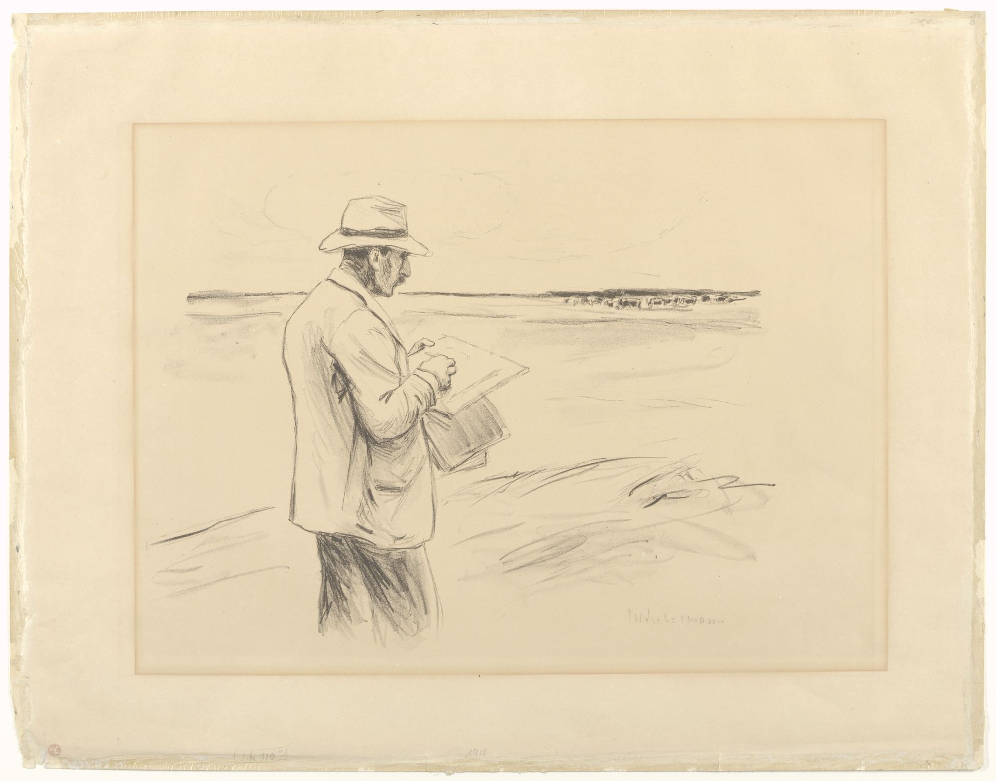 Max Liebermann (1847–1935), <i>Selvportræt, tegner udendørs</i>, 1910. Litografi, 41 x 52 cm (blad). Kunstfond Dr. Hans-Joachim og Elisabeth Bönsch