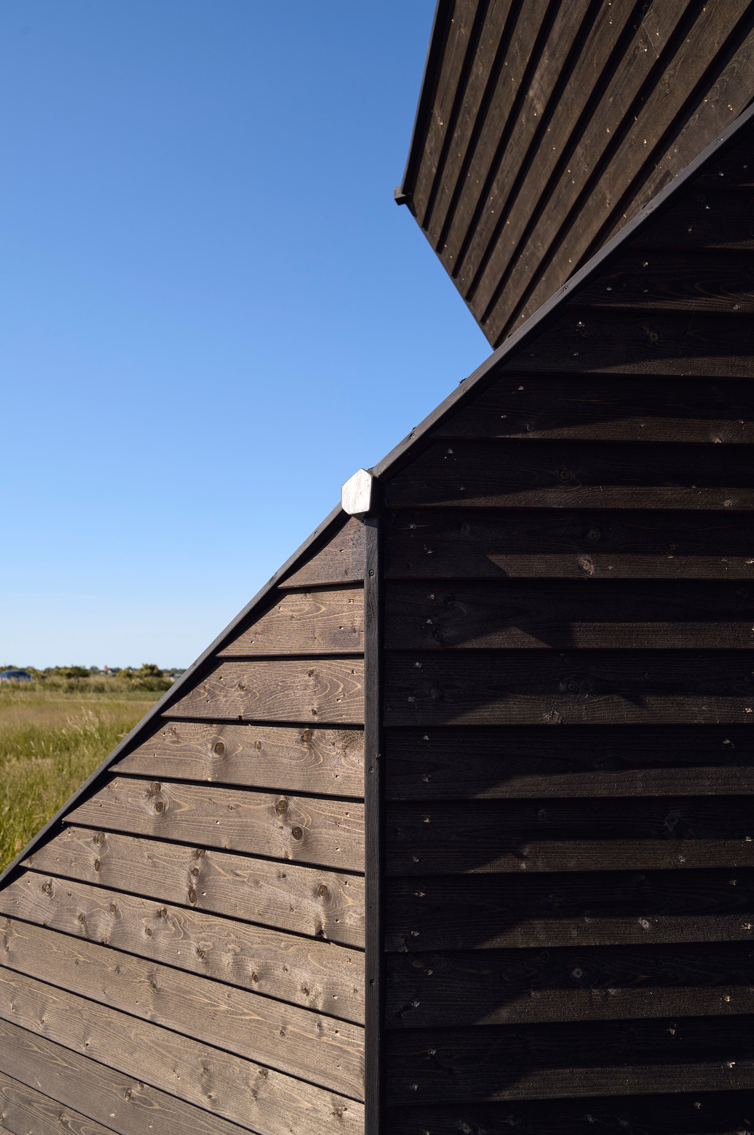 Rasmus Myrup Maison Secondaire, 2025 Sortmalet fyrretræ, tømmer og stål Fuglsang Kunstlandskab Tilhører Fuglsang Kunstmuseum Foto: Anders Sune Berg