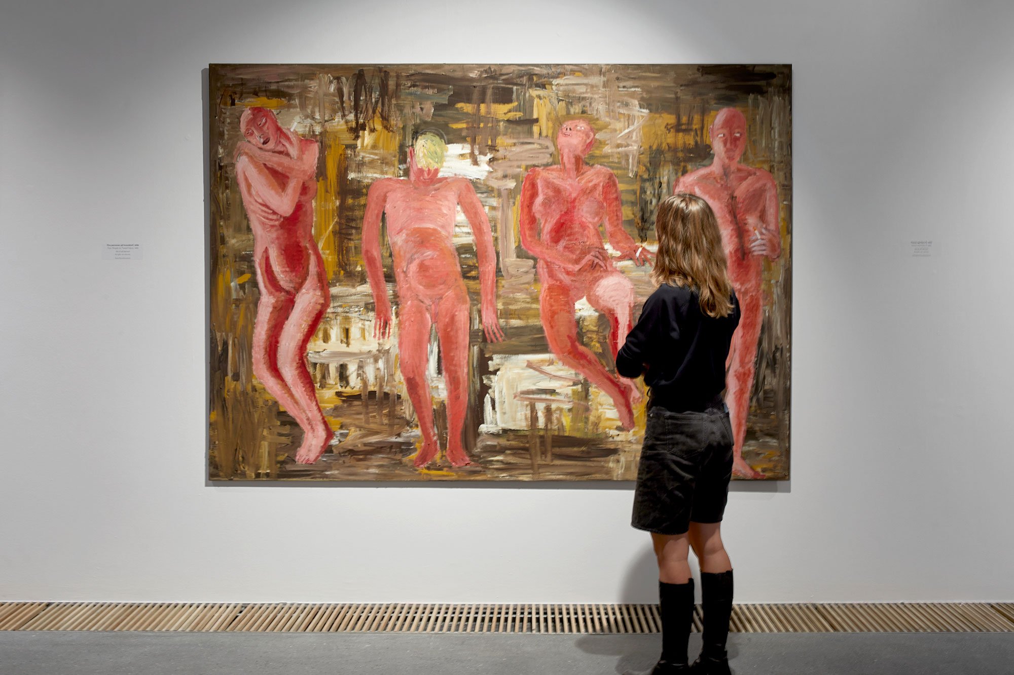 Værk af Inge Ellegaard <i>Fire personer på tweedstof</i>1986. Sorø Kunstmuseum. Foto Jenny Sundby