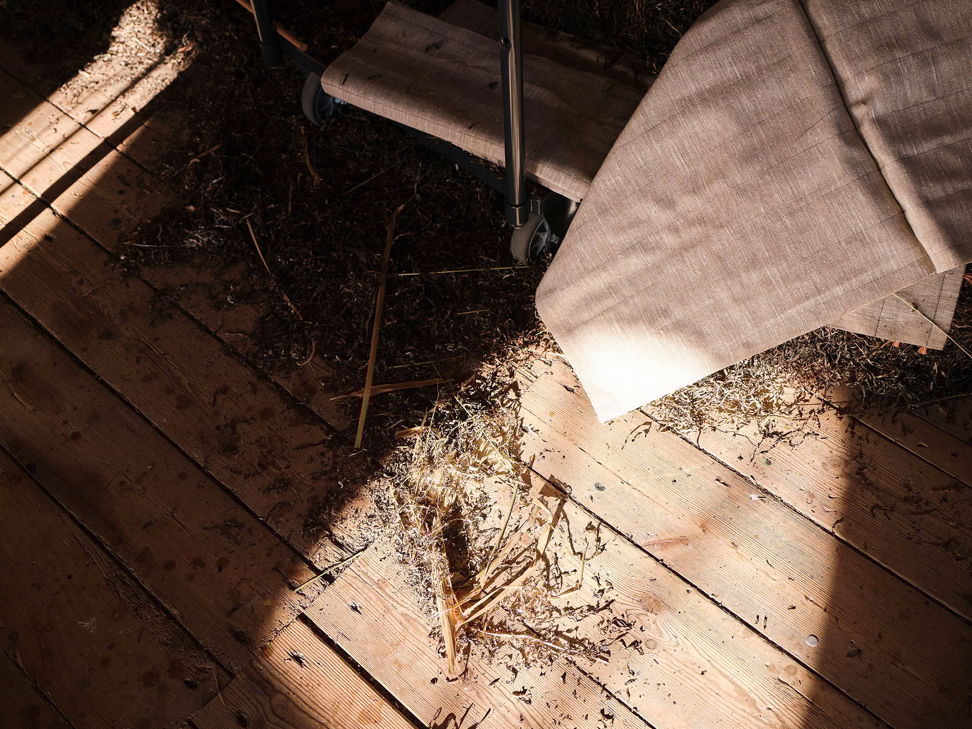 Et indblik i arbejdsprocessen på Statens Værksteder For Kunst. Her ålegræs brugt som fyldmateriale til vægpaneler af hør-tekstil af Sara Martinsen. Foto: Kristian Holm