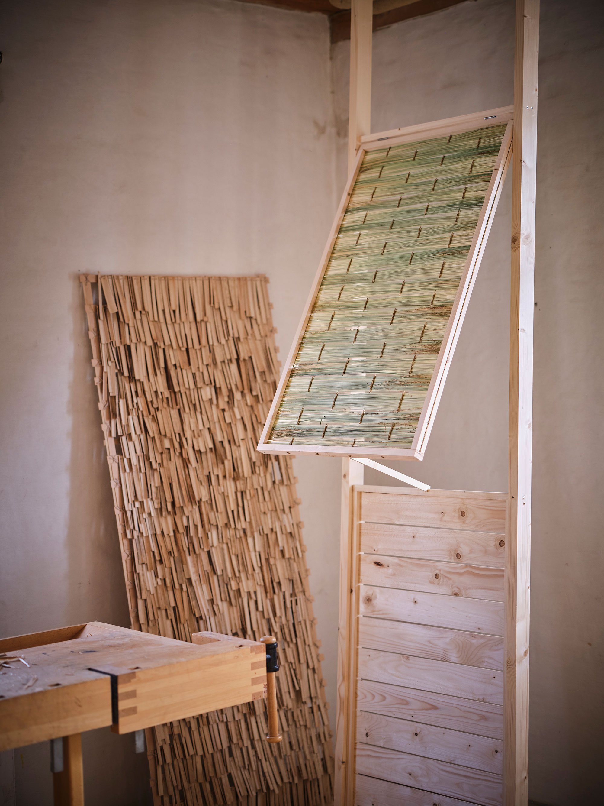 Vindues-skodde af vævet rørgræs og vægpanel af japansk pileurt af Sara Martinsen. Foto: Kristian Holm