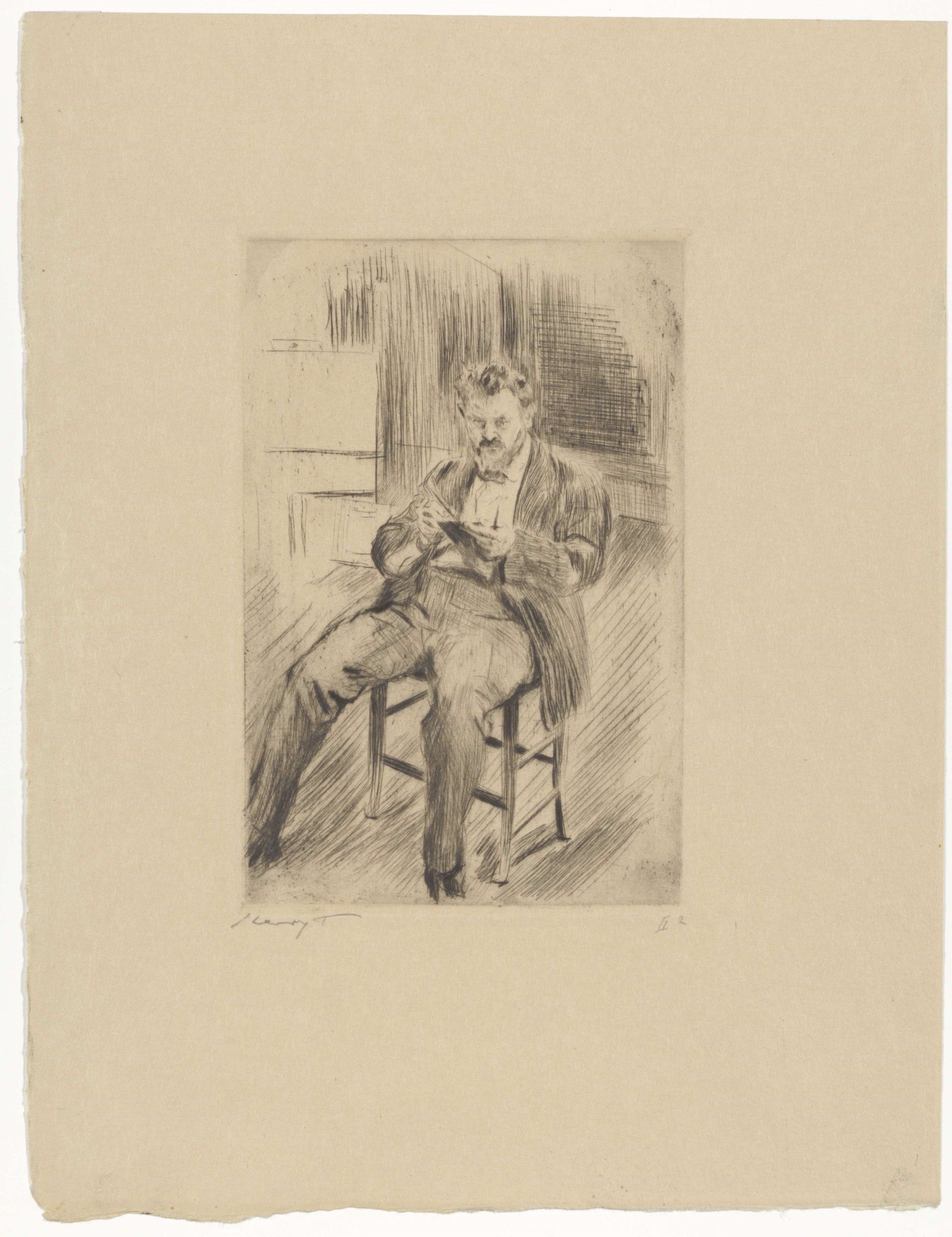 Max Slevogt (1868–1932), Selvportræt i atelieret, raderet, 1911. Tørnålradering, 31,5 x 24,0 cm (blad). Kunstfond Dr. Hans-Joachim og Elisabeth Bönsch