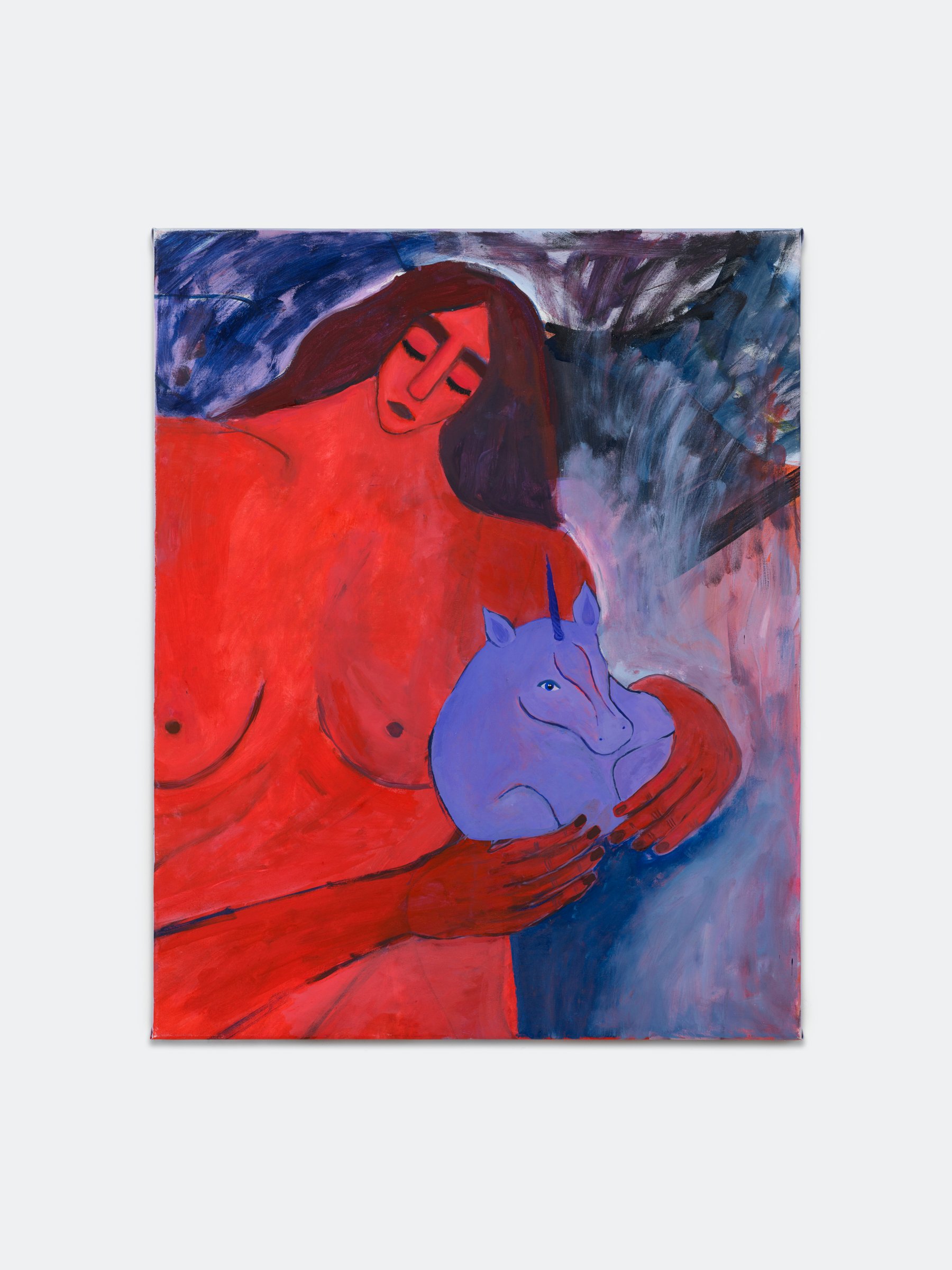 Ida Thorhauge, <i>Woman and Unicorn,</i> 2024. Olie på lærred 75 x 60 cm. Foto: Malle Madsen