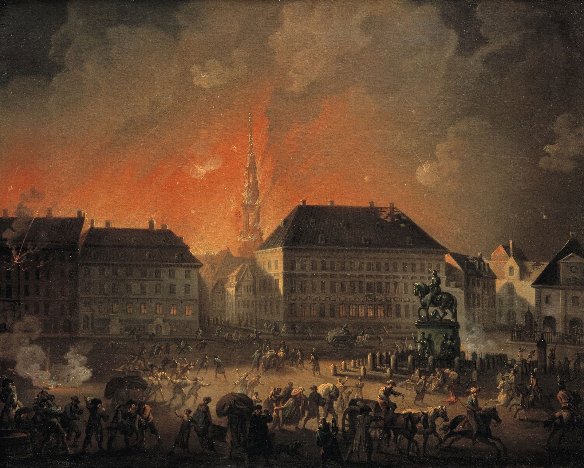 C.A. Lorentzen, <i>Den rædsomste Nat: Kongens Nytorv under bombardementet natten mellem 4. og 5. september 1807</i>, Olie på lærred, Statens Museum for Kunst. Foto Statens Museum for Kunst
