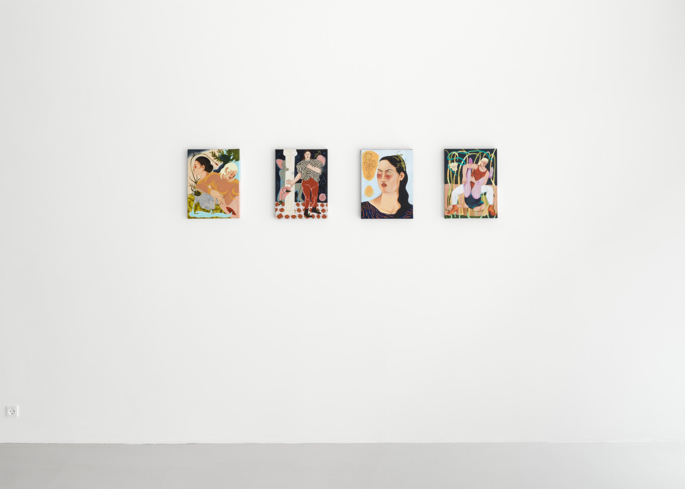 Installation View. Watchers in Ritual. Formation Gallery. <i>Siren’s Well<i>, <i>The Ballroom</i>, <i>Apparitions</i>, , <i>Girl Fight</i>.</i></i> 2025. Acryclic on canvas, 40 x 30 cm. Foto: Sofus Graae