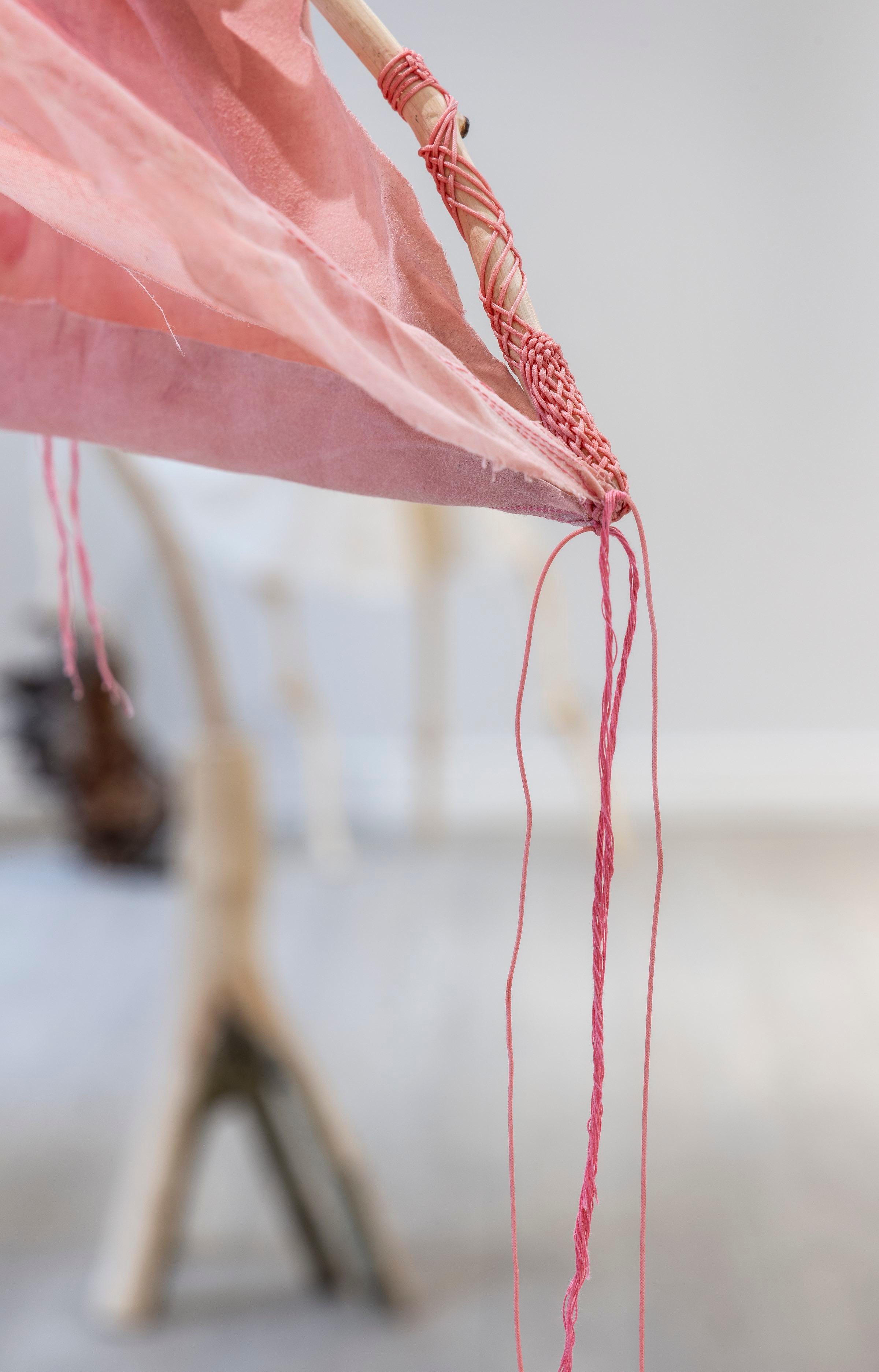 <em>BØGEPARAPLY</em>, 2025. Gaffelgrene af bøg, afbarkede. Forbindelsespunkter på enderne, flettet af flettet polyestersnor, gnedet med naturligt pigment. Bomuldsrester, bivoksede med bivoks med naturligt pigment, foldet i strygningen og snoede og bundet i opspændningen. Foto: Ole Akhøj