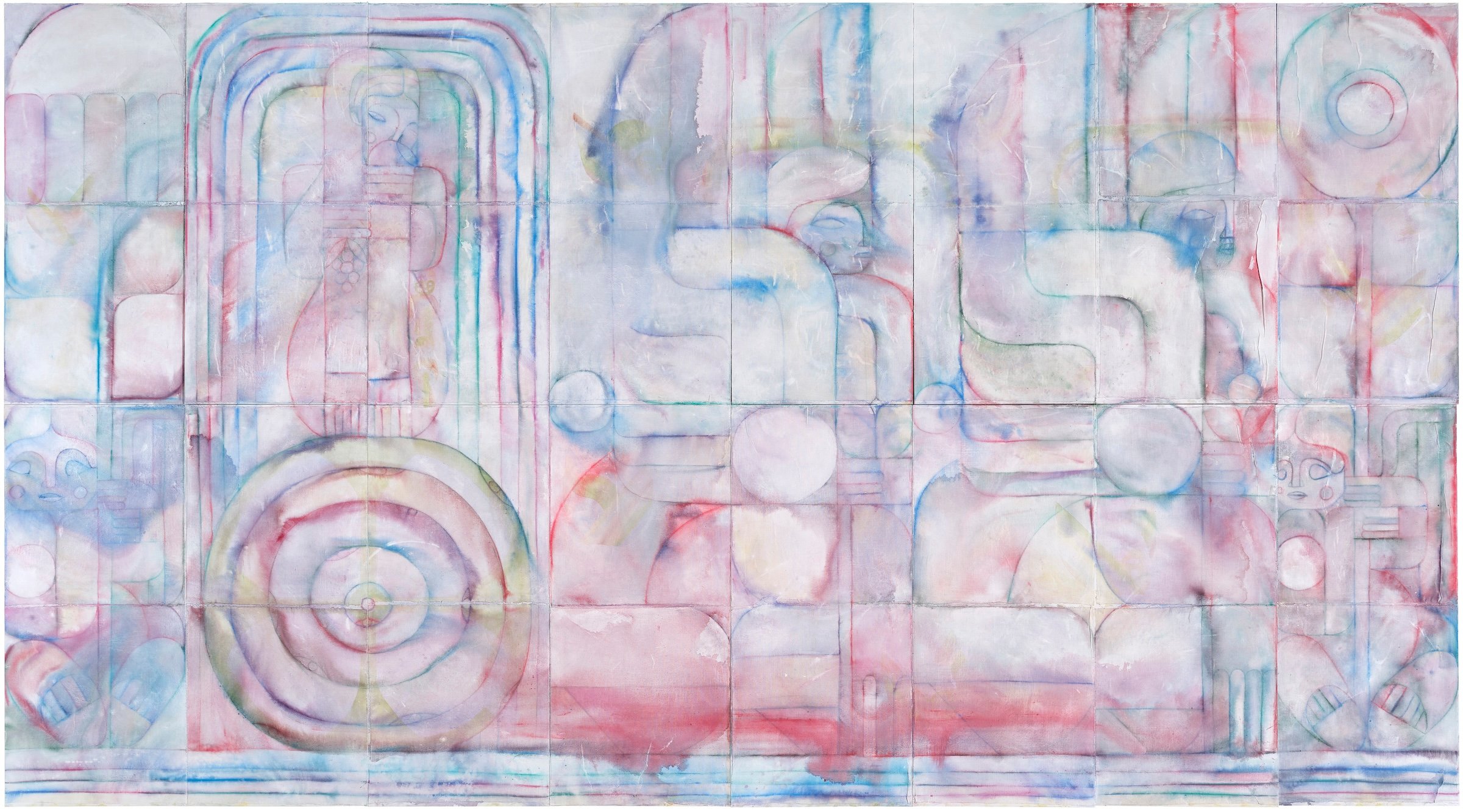 beatrice, 2023, pastel, crayon, acrylic and canvas on wooden panel, 500 x 800 cm, photo Anders Sune Berg