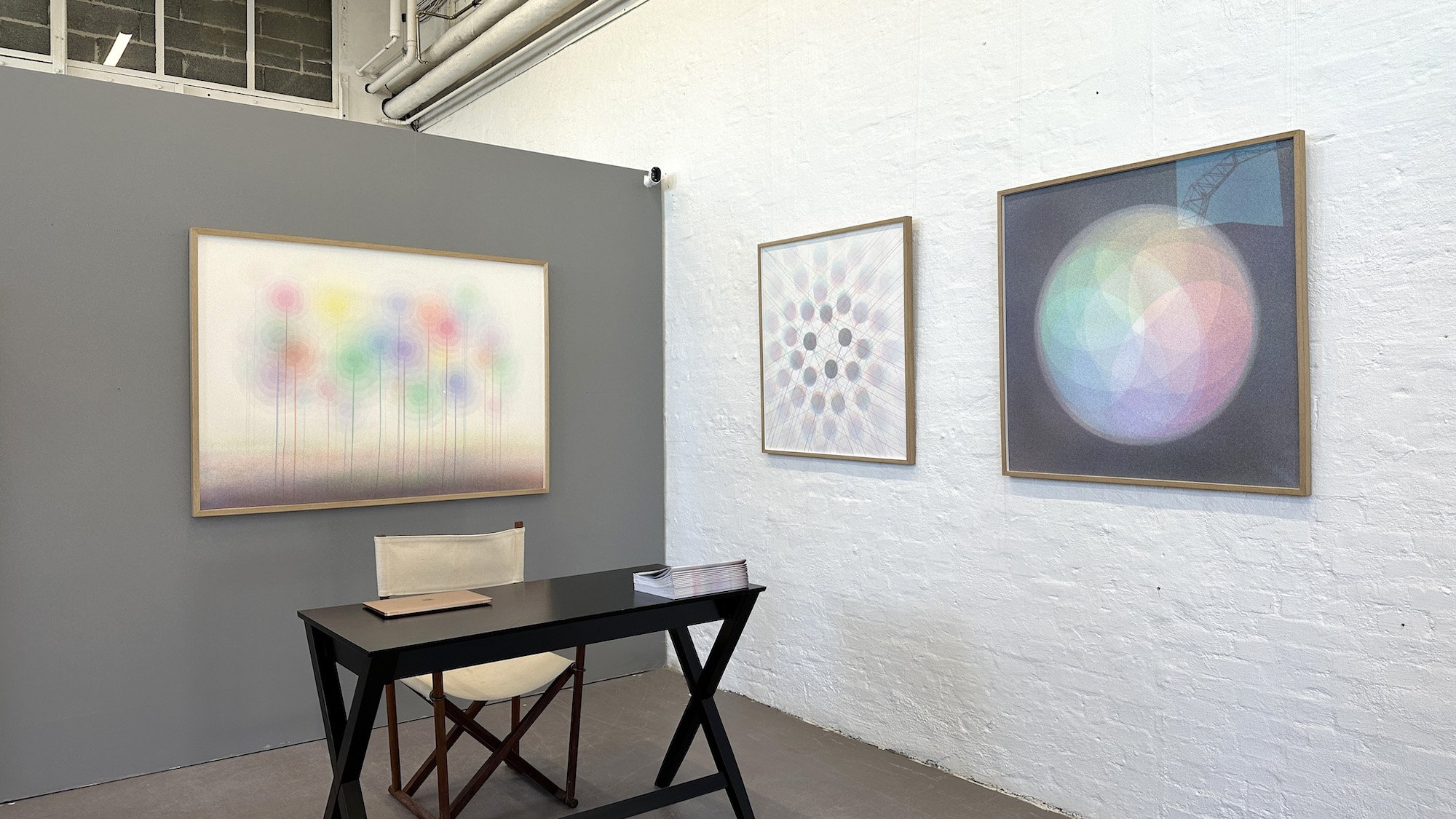 Jaakko Mattila udstilling. Her ses værkerne Meadow, Flux I og Polaris. Foto: Charlotte Brunholt.