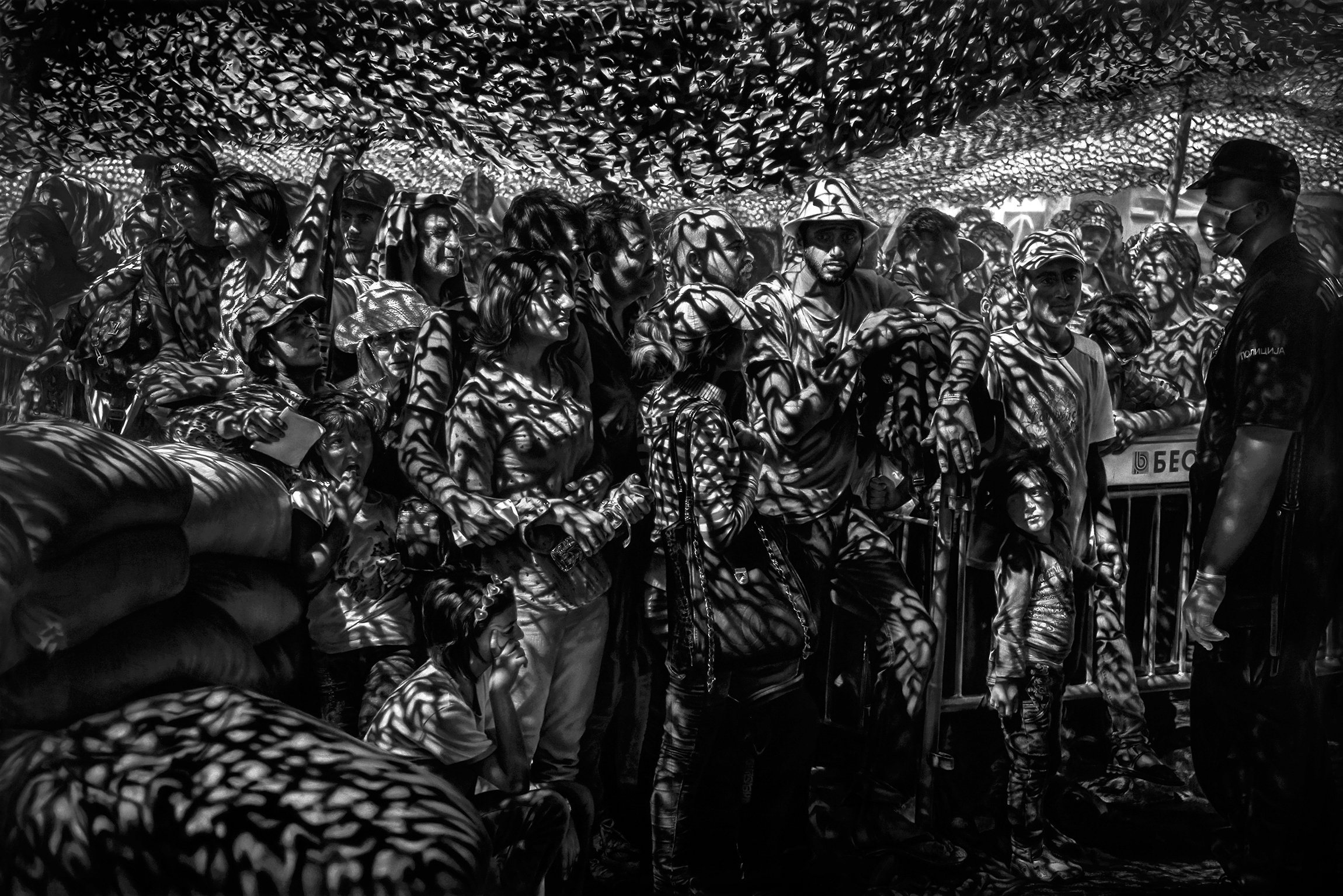 Robert Longo, <i>Untitled (Syrian and Iraqi Refugees waiting in line for documents at processing center in Presevo, Serbia, Thursday August 27th, 2015, based on a photograph by Sergey Ponomarev)</i> Louisiana 2025. Photo © Robert Longo Studio
