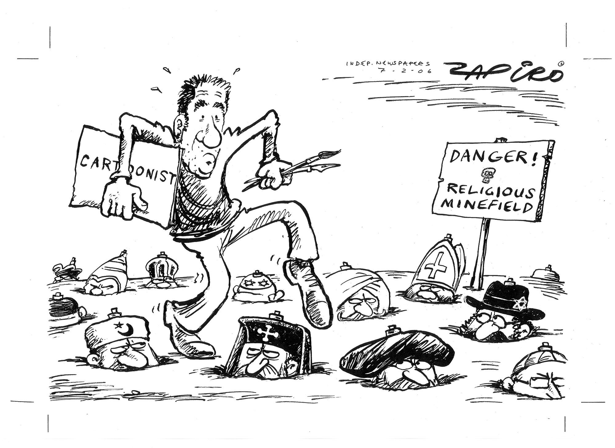 Jonathan Shapiro alias Zapiro, <i>Danger! Religious minefield (Fare! Religiøst minefelt)</i>, 2006. Foto: STORM
