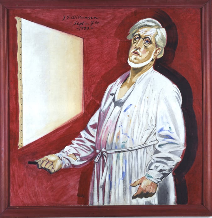 J.F. Willumsen: <i>Selvportræt i malerbluse</i>, 1933. Olie på lærred, 119 x 117 cm. J.F. Willumsens Museum.