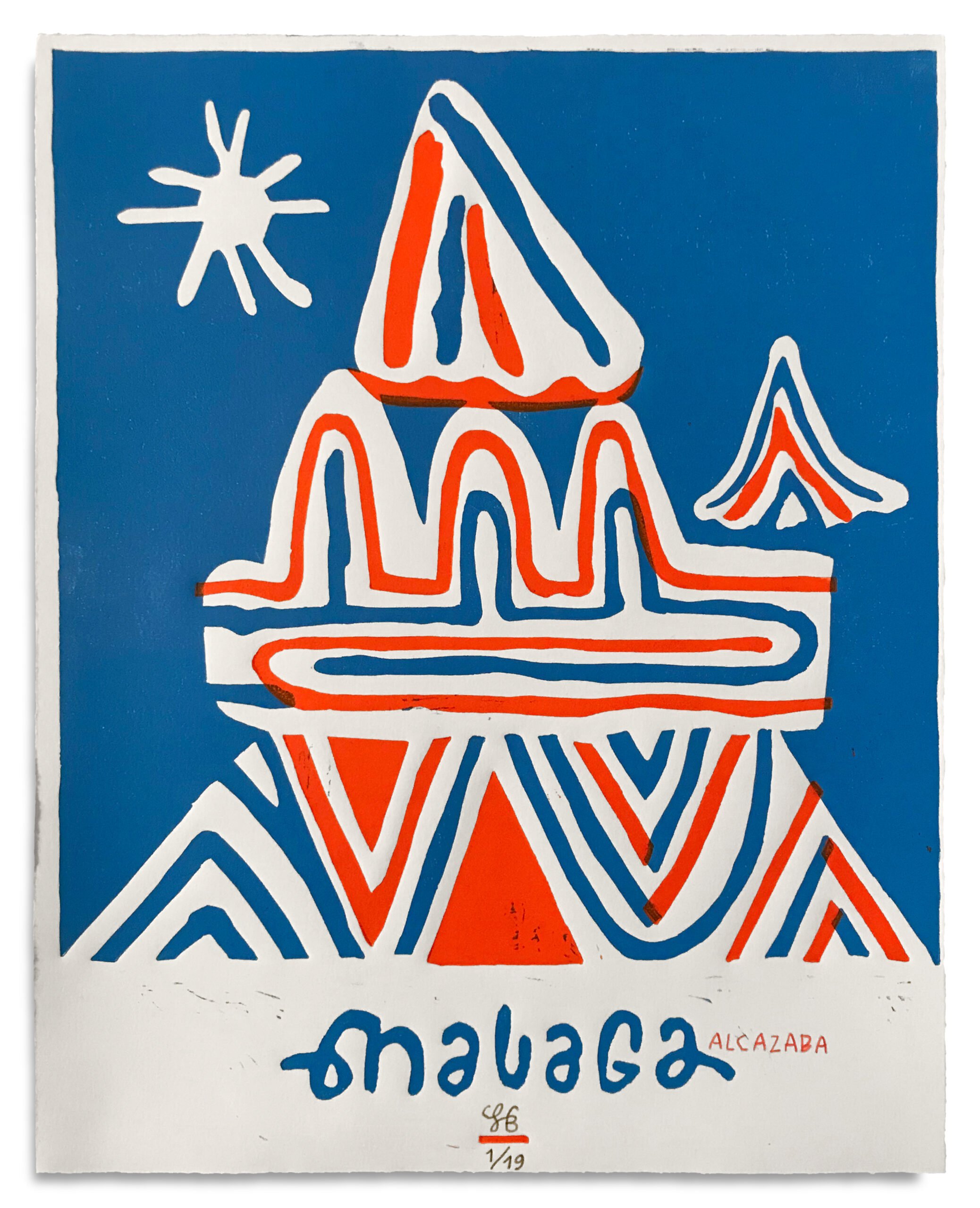 Søren Behncke, <i>Malaga Alcazaba</i>, linoleumssnit, Kan købes hos Søren Behncke Prints