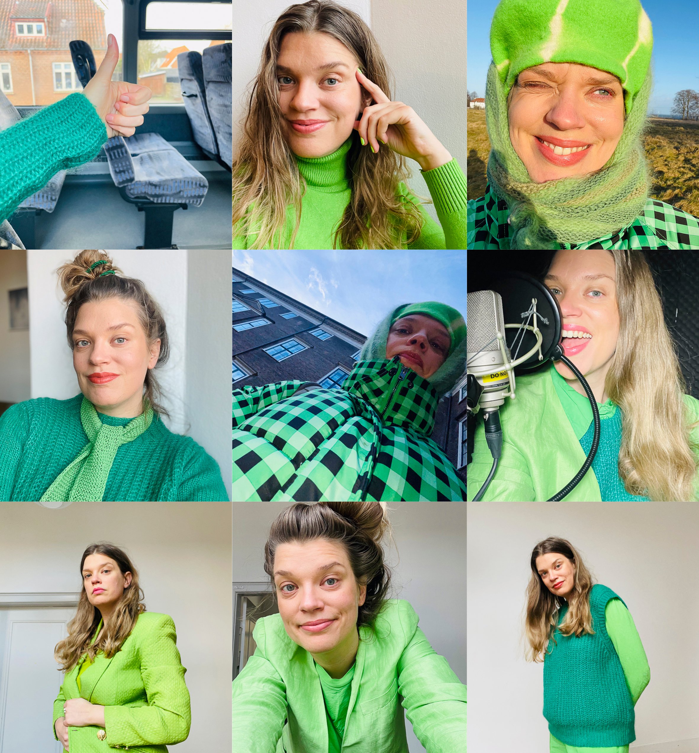 Julie Nymann klæder sig i grønt, som en performativ del af værket <i>Vi er stolte ordblinde</i>. Foto: Julie Nymann. 