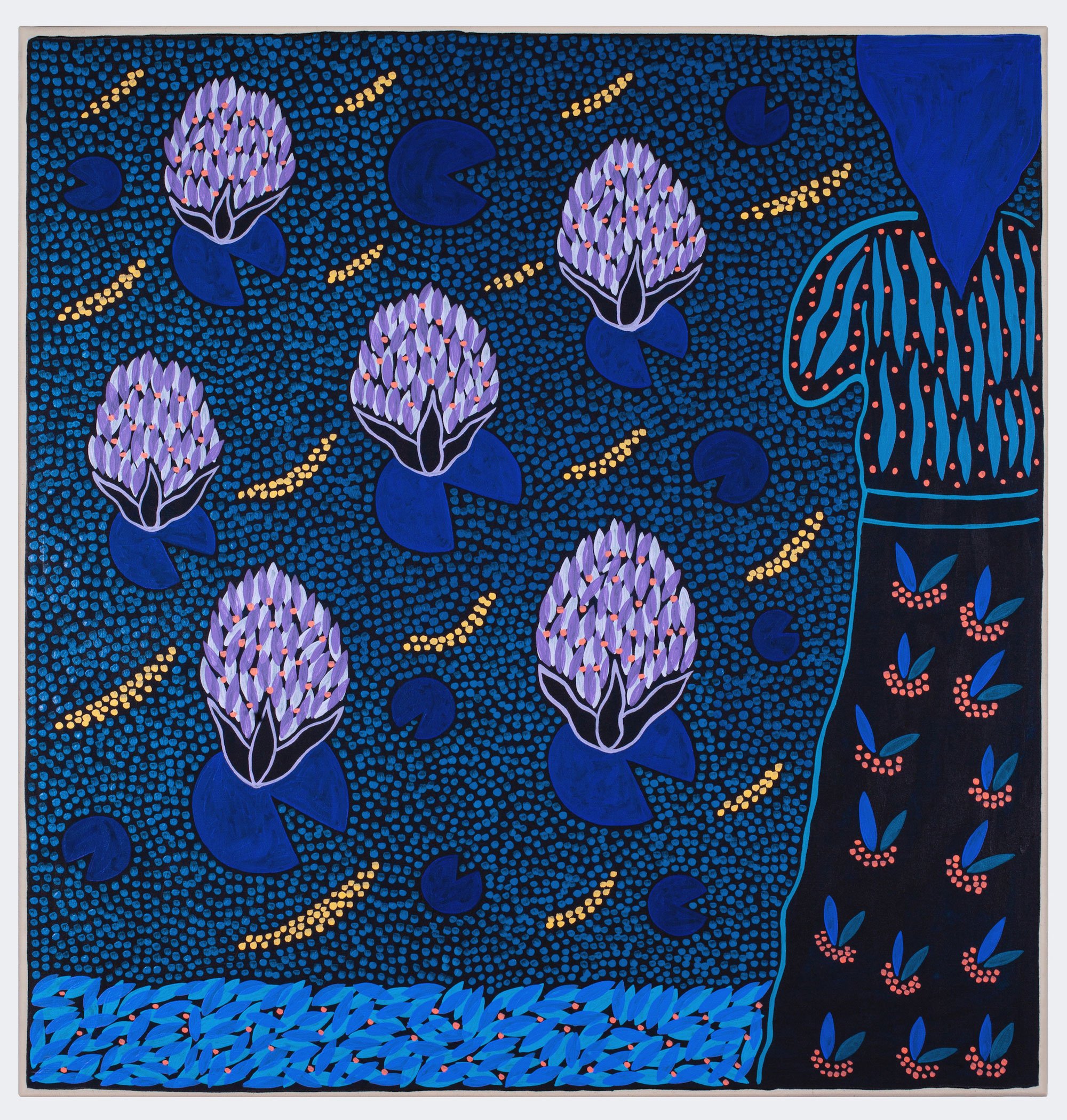 Anders SCRMN Meisner, Moonstruck Waterlilies, 2024, acrylic on canvas, 105 x 90 cm. Foto: Hans Alf Gallery.