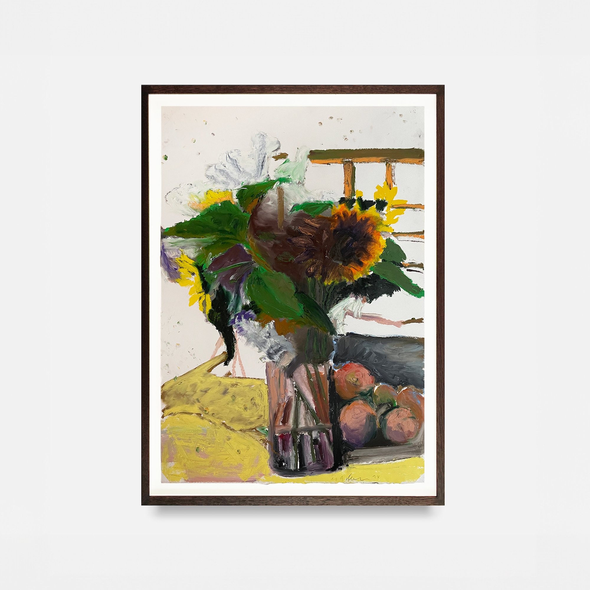 Erik A Frandsen, <i>Sunflowers</i>, 2024, mixed media on paper, framed 100 x 70 cm. Foto: Hans Alf Gallery.