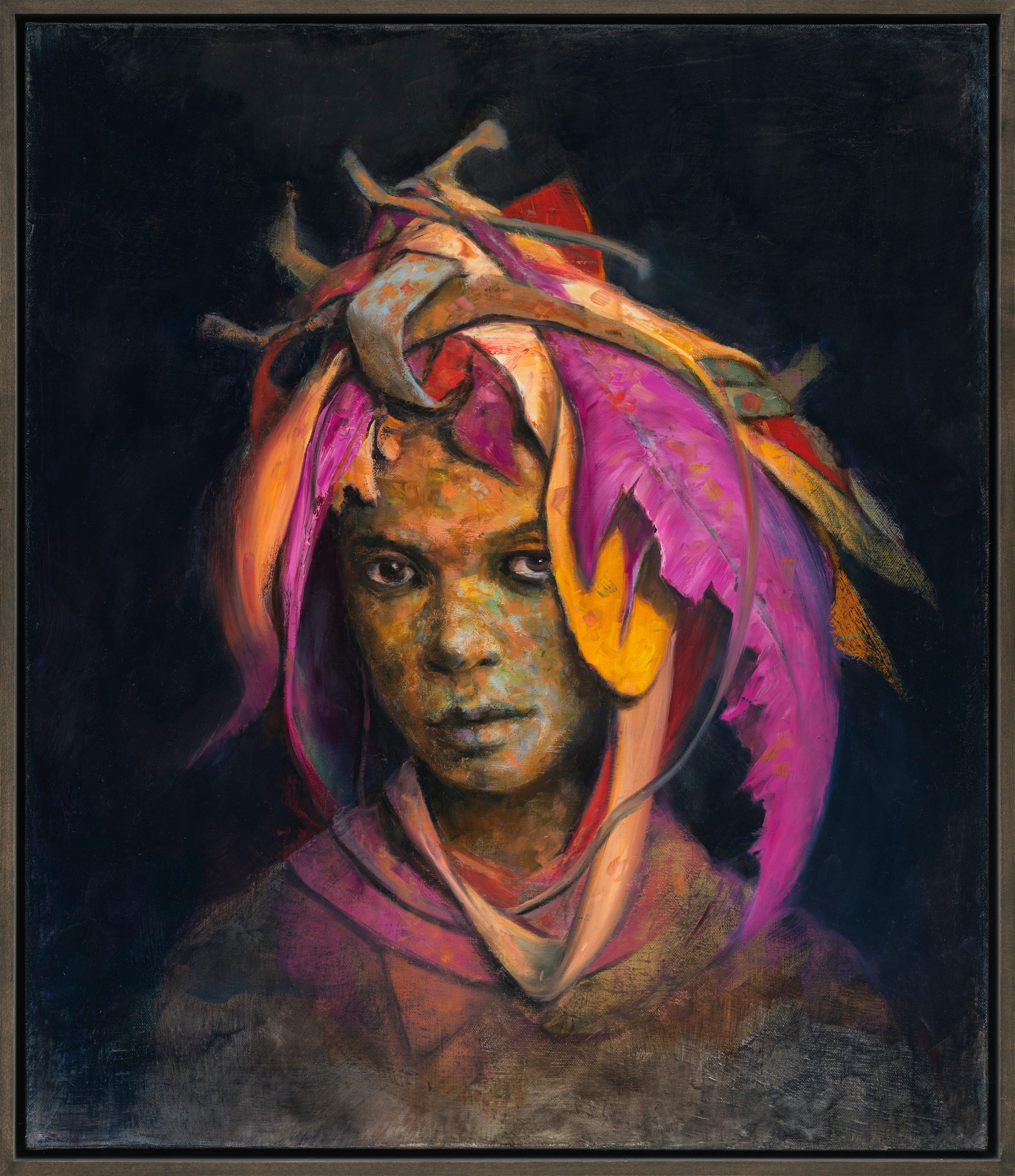 Jonas Burgert, Stuck Schmutz Gluck, 2024, oil on canvas in wooden frame, 70 x 60 cm. Foto: Hans Alf Gallery.