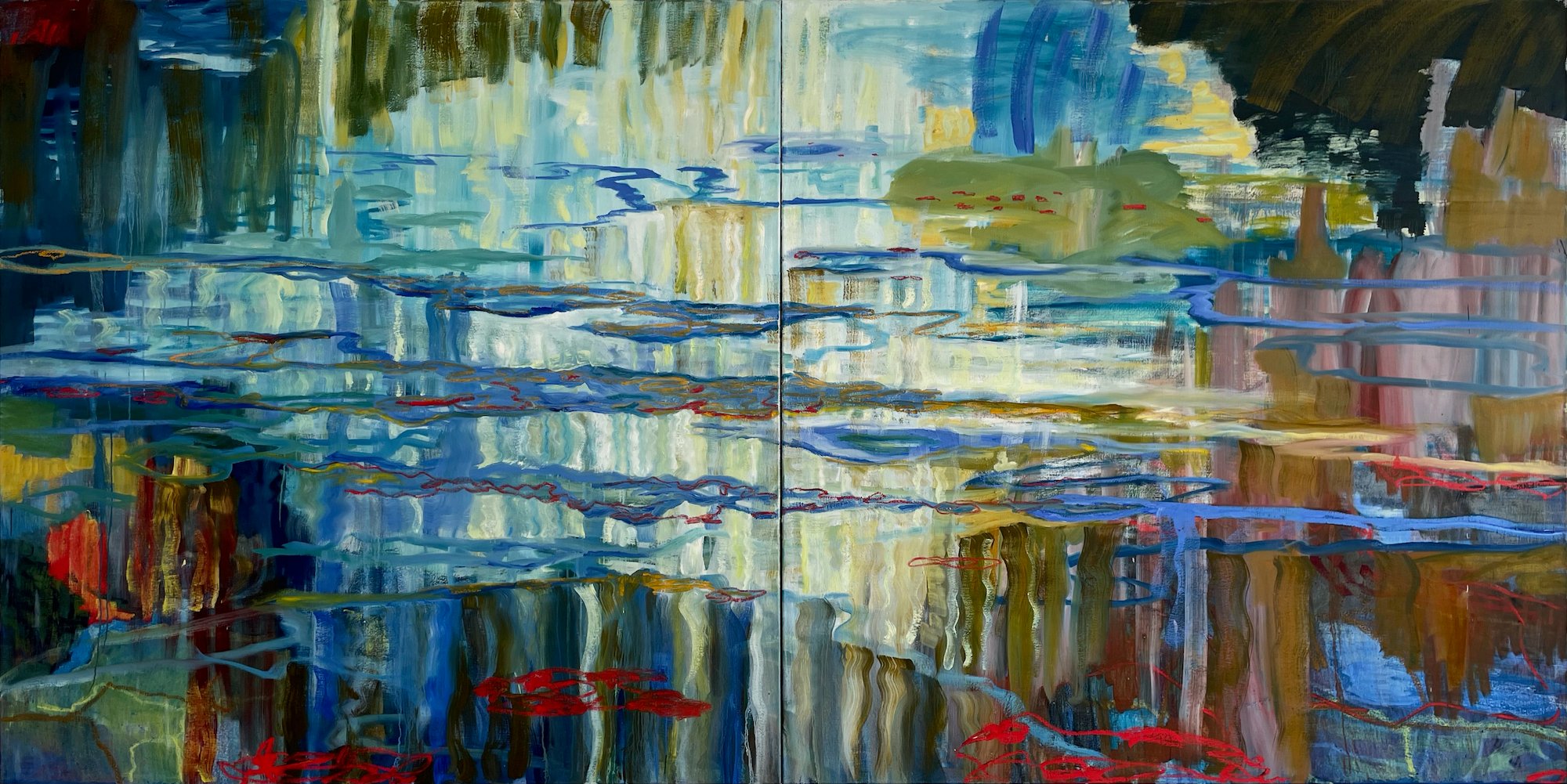 Magnus Fisker, <i>Sange fra have 1</i>, 2023, oil on canvas, 200 x 400 cm. Foto: Hans Alf Gallery.