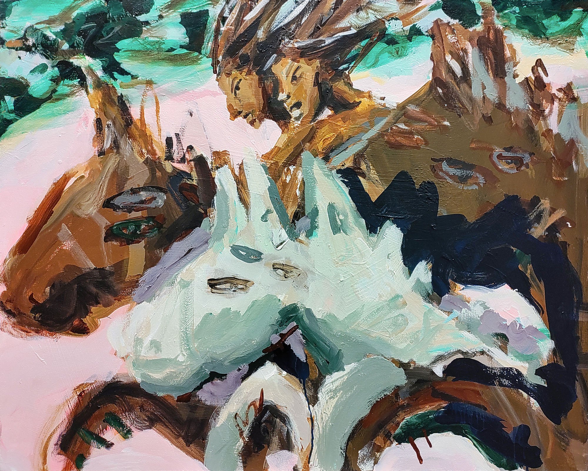 Mie Olise Kjaergaard, <i>Fast Forward Riders Along</i>, 2024, acrylics on canvas, 80 x 100 cm. Foto: Hans Alf Gallery.