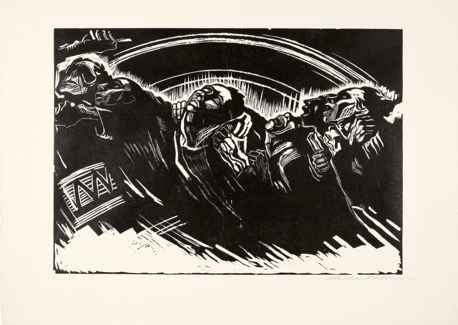 Käthe Kollwitz: <em>De frivillige</em>, blad 2 i serien <em>Krig</em>, 1921/22, Træsnit. Käthe Kollwitz Museum Köln.