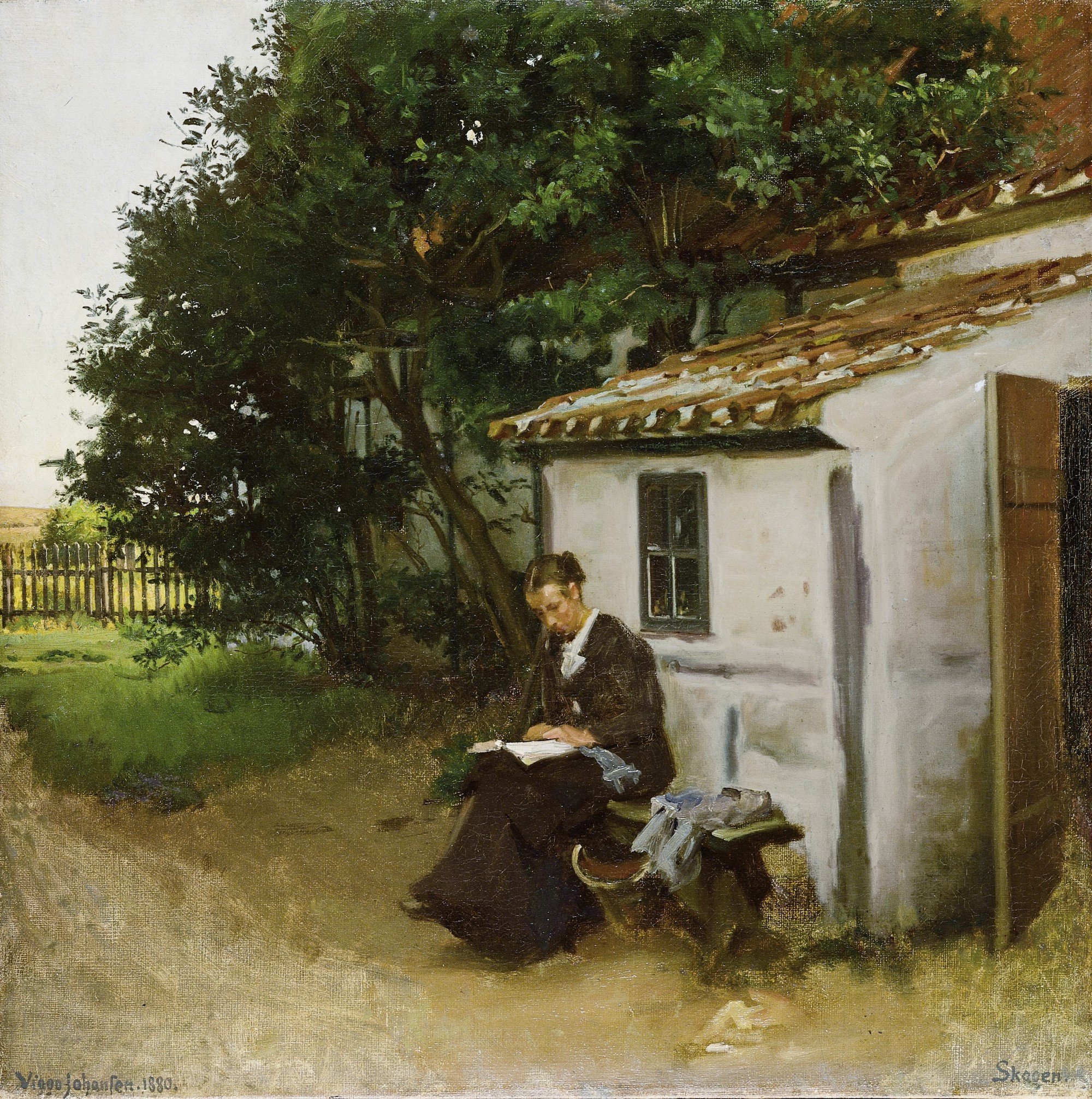 Viggo Johansen, <i>Kunstnerens hustru uden for deres bolig i Skagen</i>, 1880. Skagens Kunstmuseer 