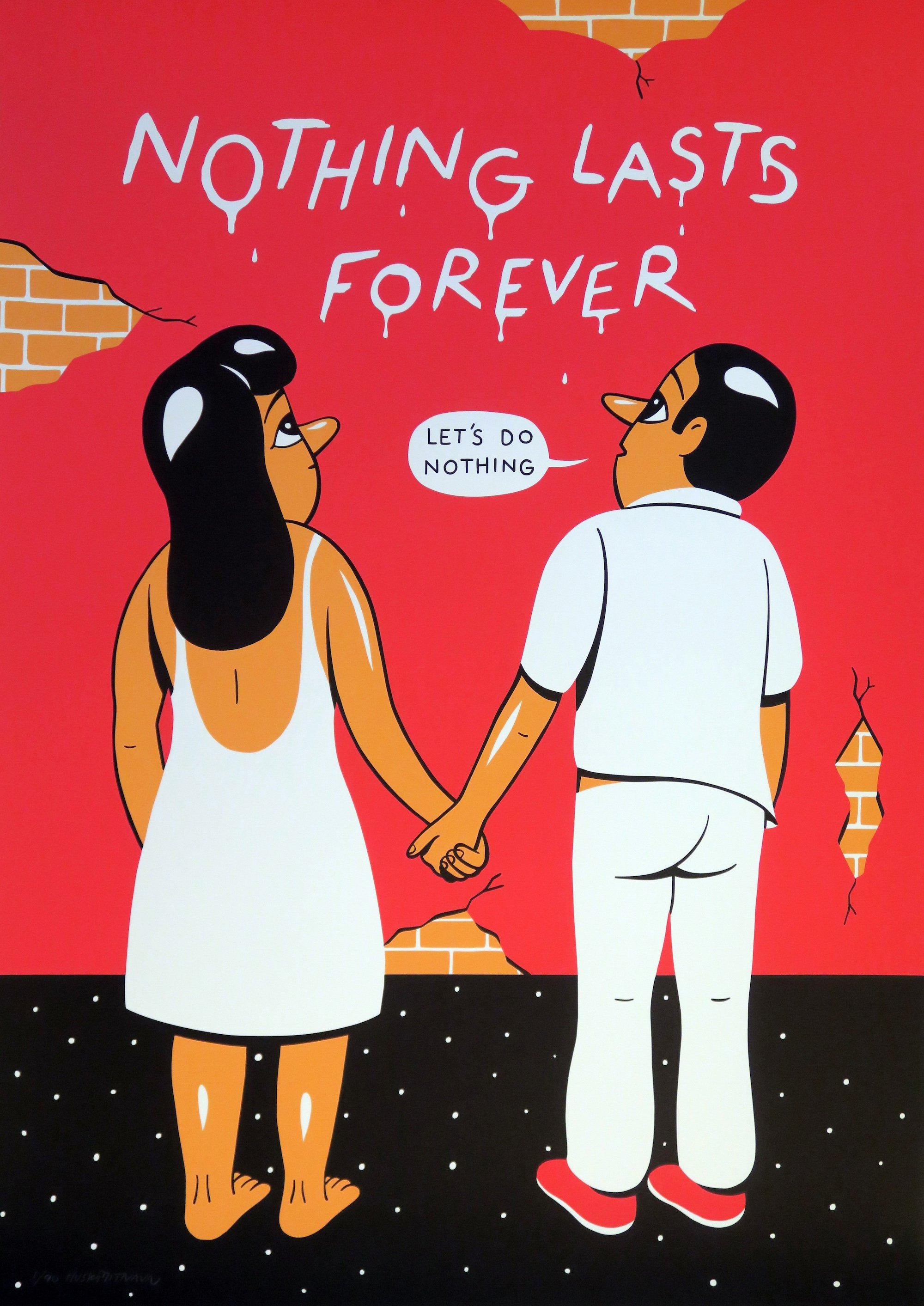 HuskMitNavn, <i>Nothing Lasts Forever</i>, silketryk, 50 x 70 cm, 2018. Foto: Kastrupgårdsamlingen.