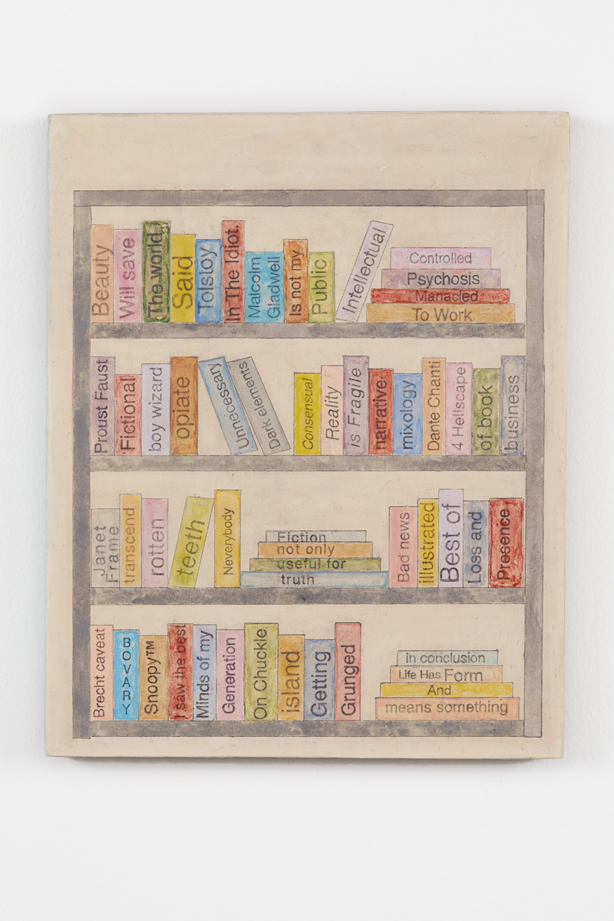Simon Evans &amp; Sarah Lannan, Reading the Room, 2024, Watercolor, pencil, water color ground on wood, 32,0 cm x 25,5 cm x 2,5 cm. Foto: Galleri Bo Bjerggaard.