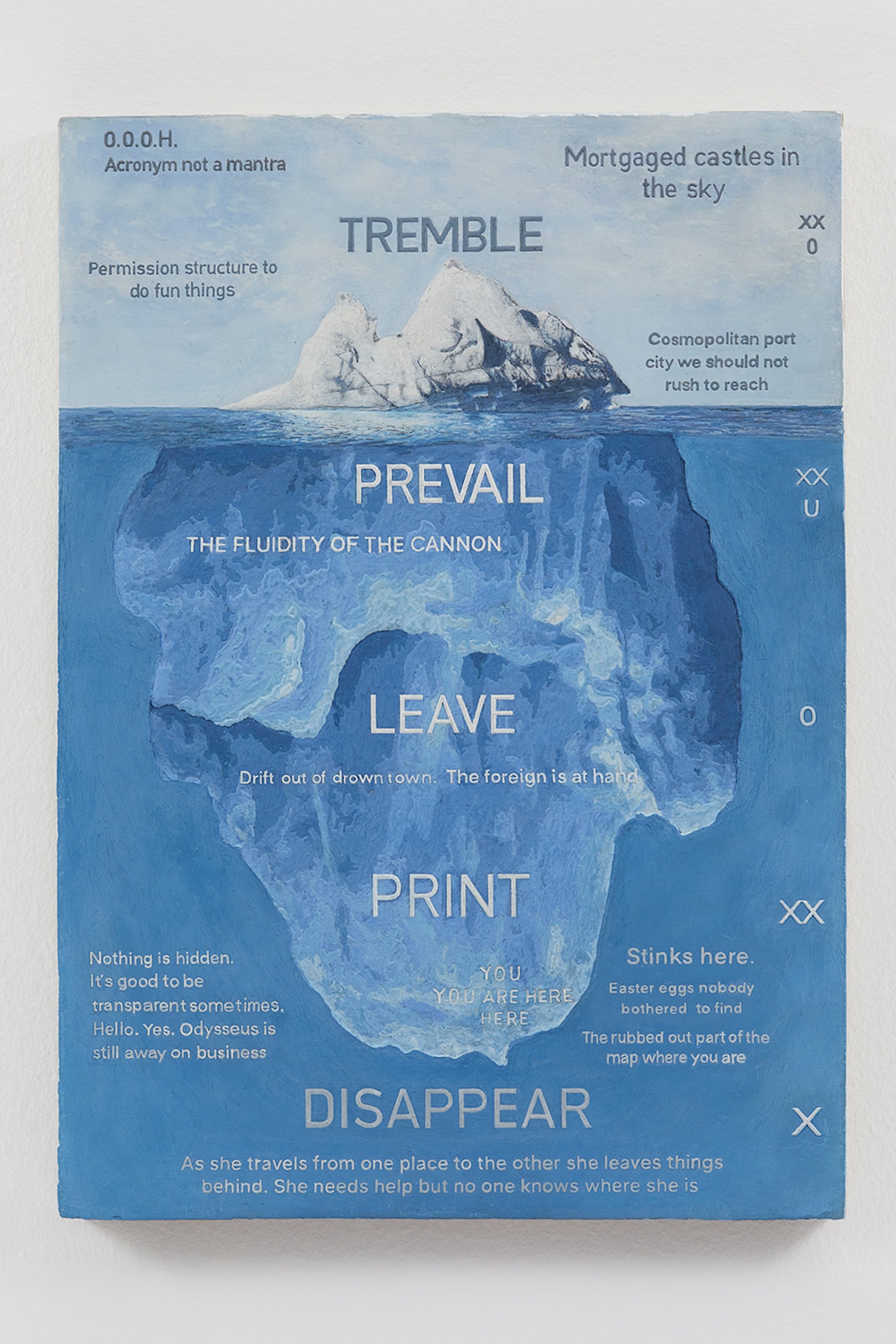 Simon Evans &amp; Sarah Lannan, Iceberg, 2024, Lime wash, gouache, watercolor, acrylic, gesso on carved wood, 34,5 cm x 24,5 cm x 2,5 cm. Foto: Galleri Bo Bjerggaard.