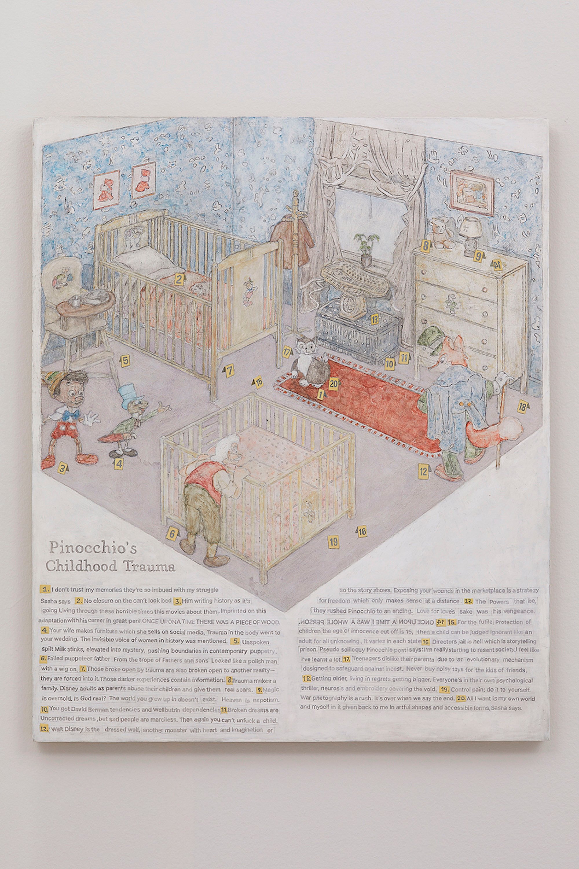 Simon Evans & Sarah Lannan, <i>Pinocchio's Childhood Trauma</i>, 2024, Watercolor, pencil, gesso on wood, 47,0 cm x 38,5 cm x 2,5 cm. Foto: Galleri Bo Bjerggaard.