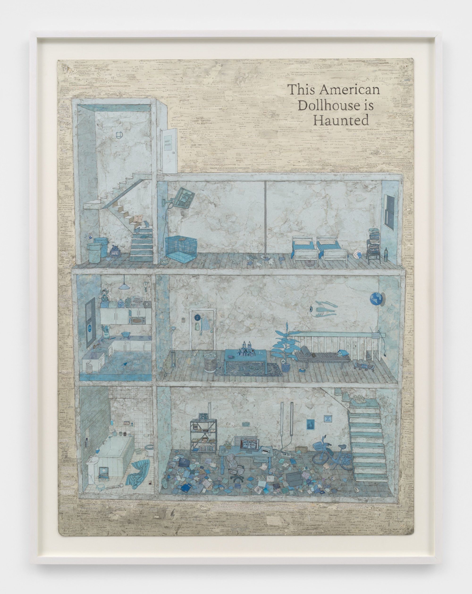 Simon Evans &amp; Sarah Lannan, This American Dollhouse is Haunted, 2022, Mixed media, 113,5 cm x 88,0 cm x 4,0 cm. Foto: Galleri Bo Bjerggaard.