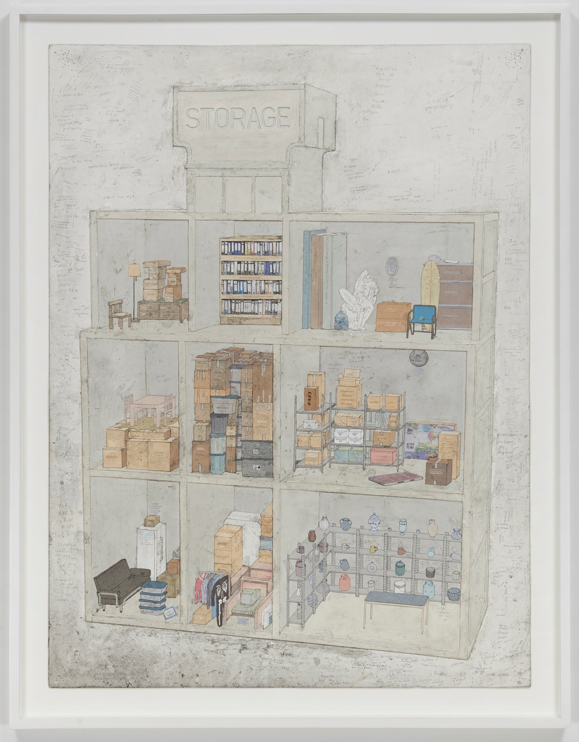 Simon Evans &amp; Sarah Lannan, This American Dollhouse Storage, 2023, Mixed media, 113,5 cm x 88,0 cm x 4,0 cm. Foto: Galleri Bo Bjerggaard.