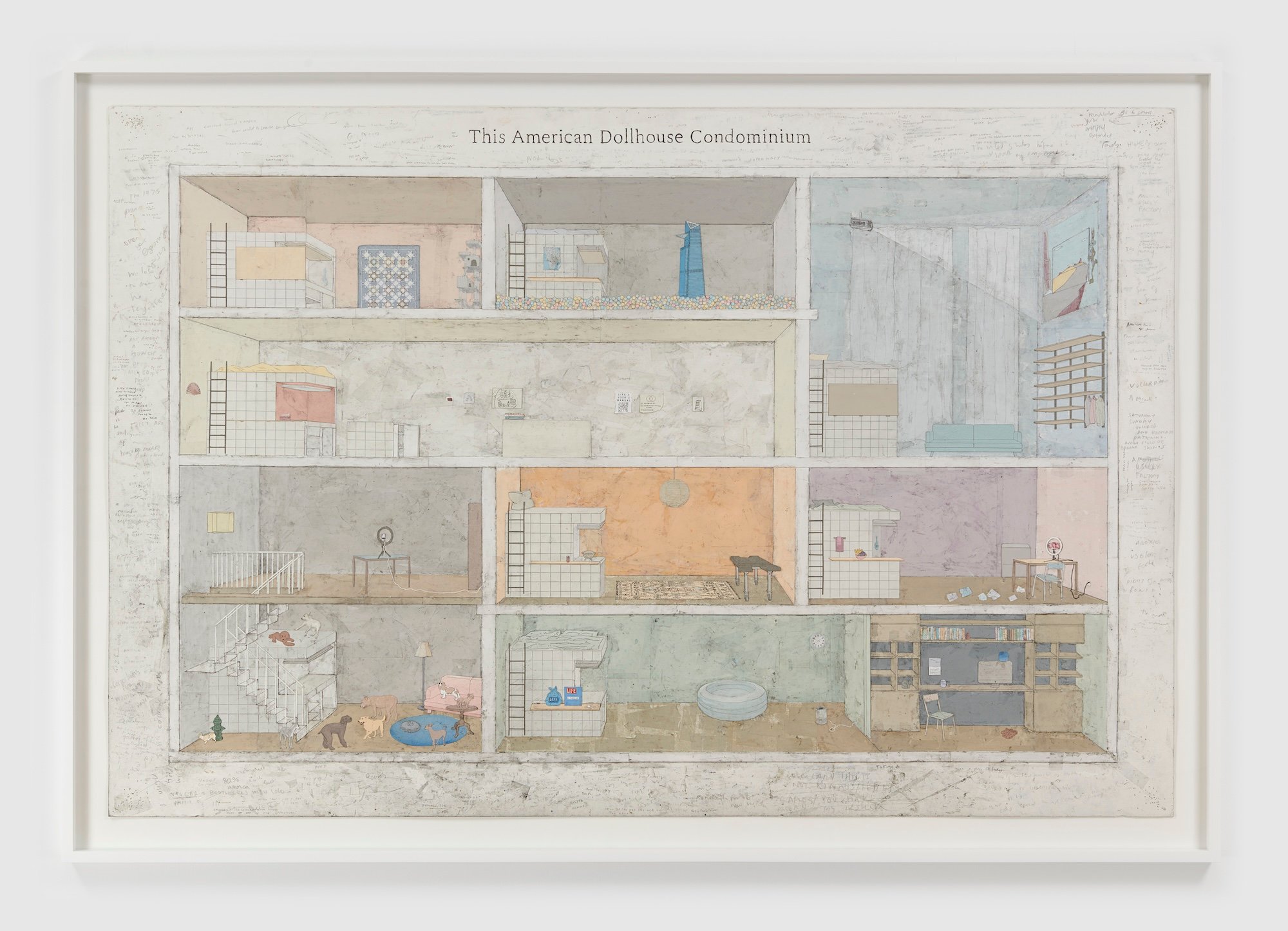 Simon Evans &amp; Sarah Lannan, This American Dollhouse Condominium, 2023, Mixed media, 114 cm x 165 cm x 4 cm. Foto: Galleri Bo Bjerggaard.