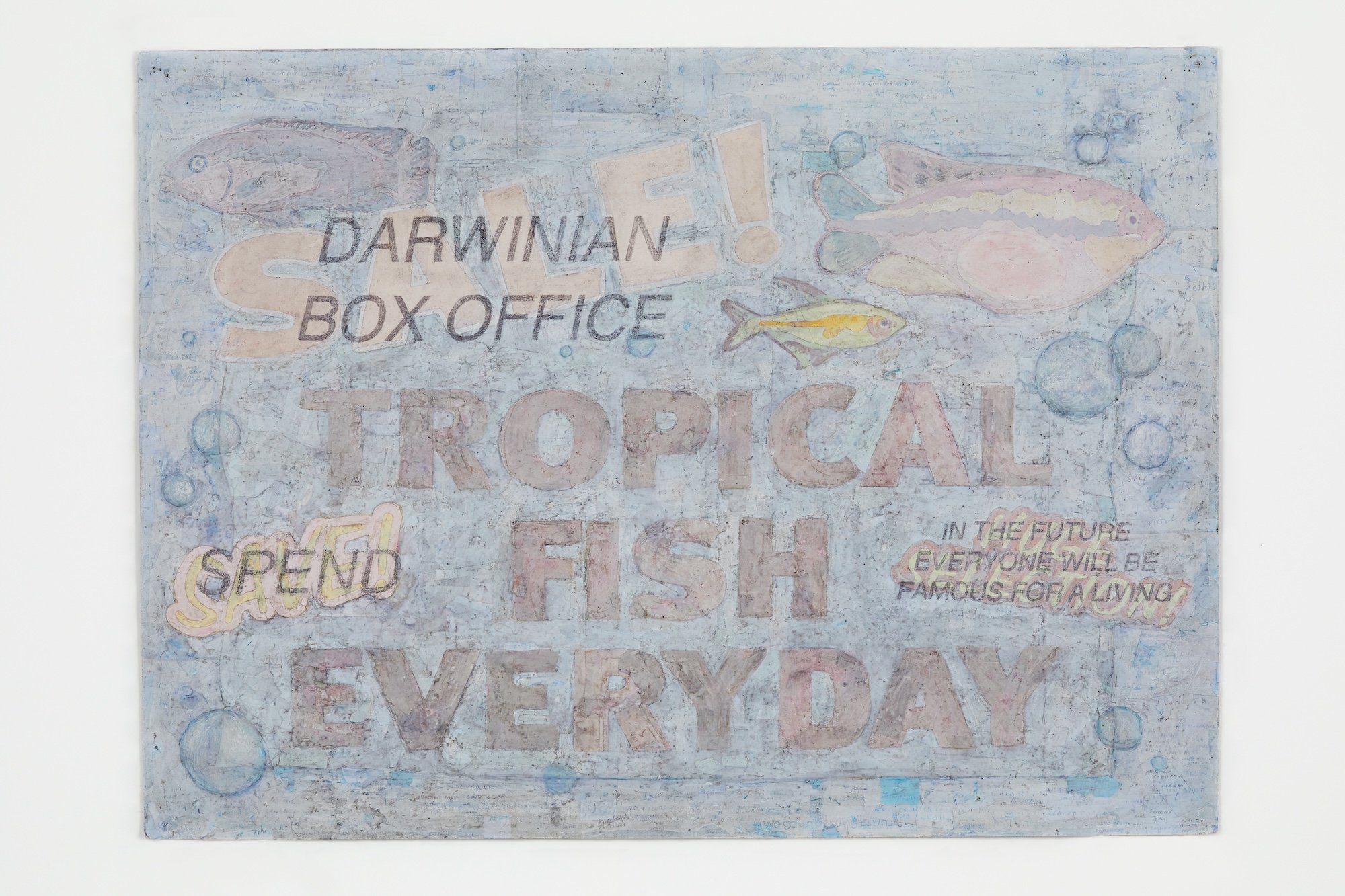 Simon Evans &amp; Sarah Lannan, Tropical Fish Everyday, 2024, Pencil, pen, paper, tape, 70 cm x 89 cm x 4 cm. Foto: Galleri Bo Bjerggaard.